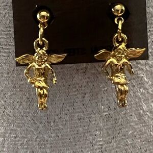 Cupid Angel Dangle Earrings | Gold Tone Post Style